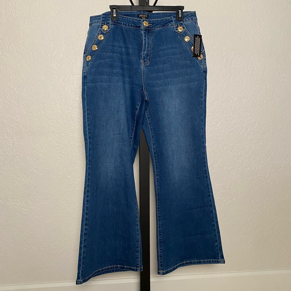 IMAN Blue Flared Jeans with Gold Button Accents